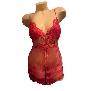 Victoria's Secret RedSheer Baby Doll Nightgown Sexy‎ Floral Lace Silk Nylon Med
